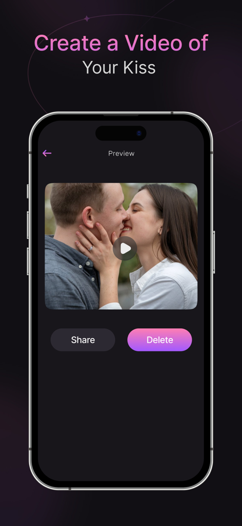 Una pantalla de vista previa de una aplicación móvil que muestra un vídeo generado por IA de una pareja besándose con opciones para compartir o eliminar el vídeo.