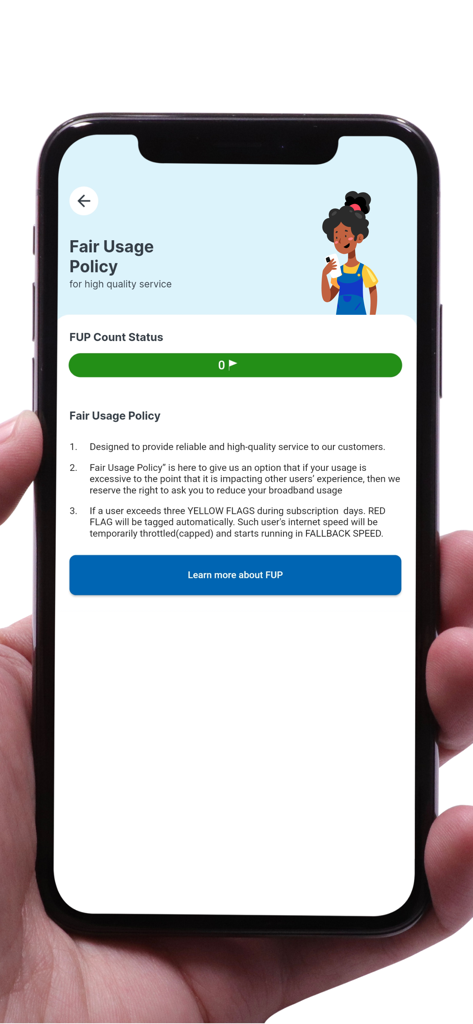 myWorldLink - myWorldLink app interface showing the Fair Usage Policy details and FUP count status