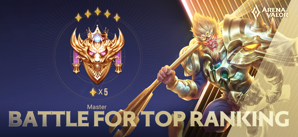 Un personaje guerrero heroico de Arena of Valor junto a un emblema de rango Maestro con el texto Batalla por el primer puesto