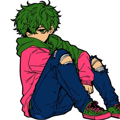 a male hoddie ripped jeans messy hair anime