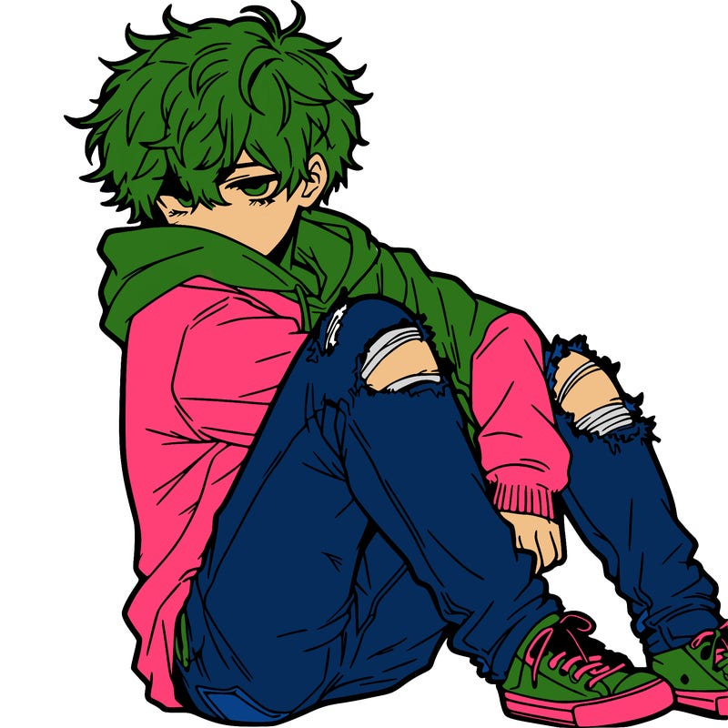a male hoddie ripped jeans messy hair anime