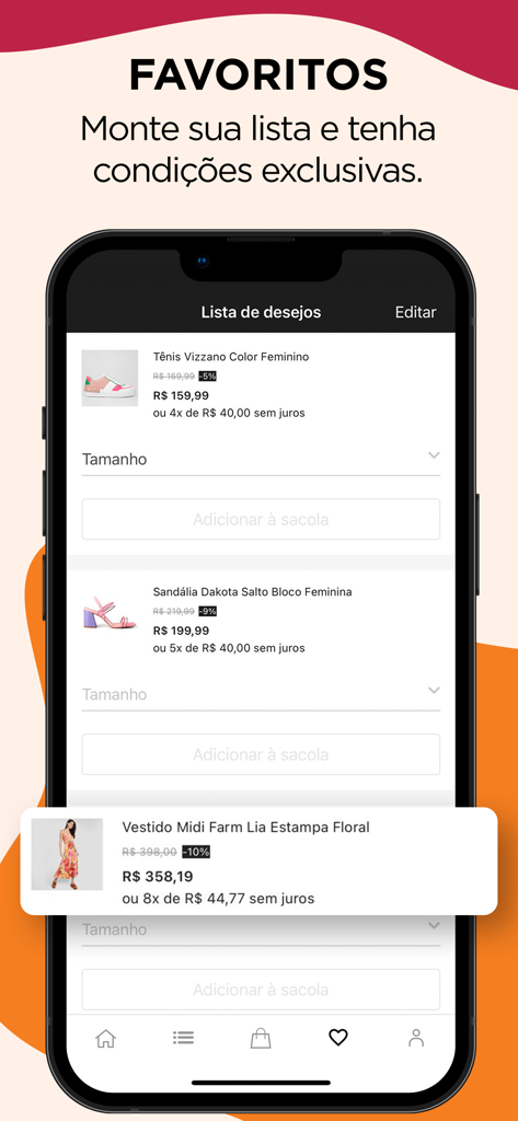 Zattini: ofertas de roupas - Tela de favoritos do aplicativo móvel da Zattini mostrando uma lista de desejos de itens de moda com descontos de preço.
