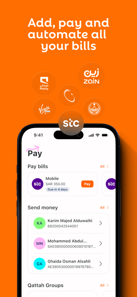 iz - Banking Experience - iz banking app pay screen showing bill management and money transfers
