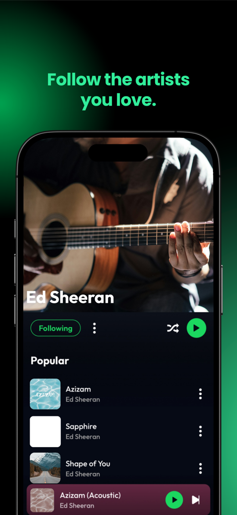 Lyra - Music, Radio, eSound - Página de perfil de artista de la aplicación de música Lyra para Ed Sheeran mostrando canciones populares y un botón para seguir