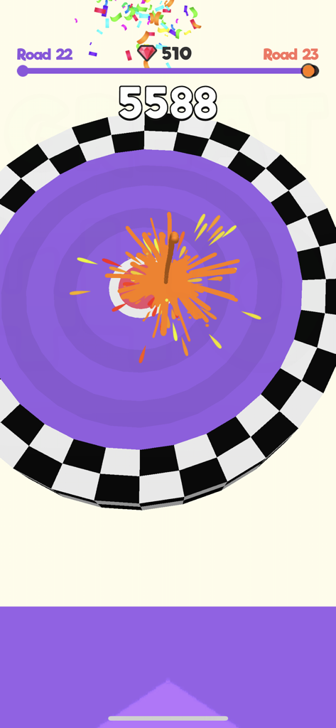 A slime ball hitting the center of a purple bullseye target with confetti celebrating a high score in Slime Road