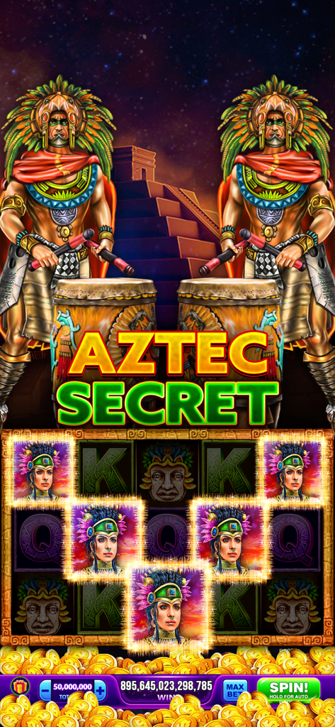 Interfaz del juego de máquina tragaperras Aztec Secret con templo antiguo y monedas de oro