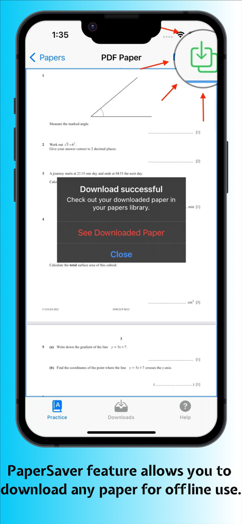 Aplicativo A plus Papers mostrando o recurso PaperSaver para baixar provas anteriores do IGCSE para uso offline.