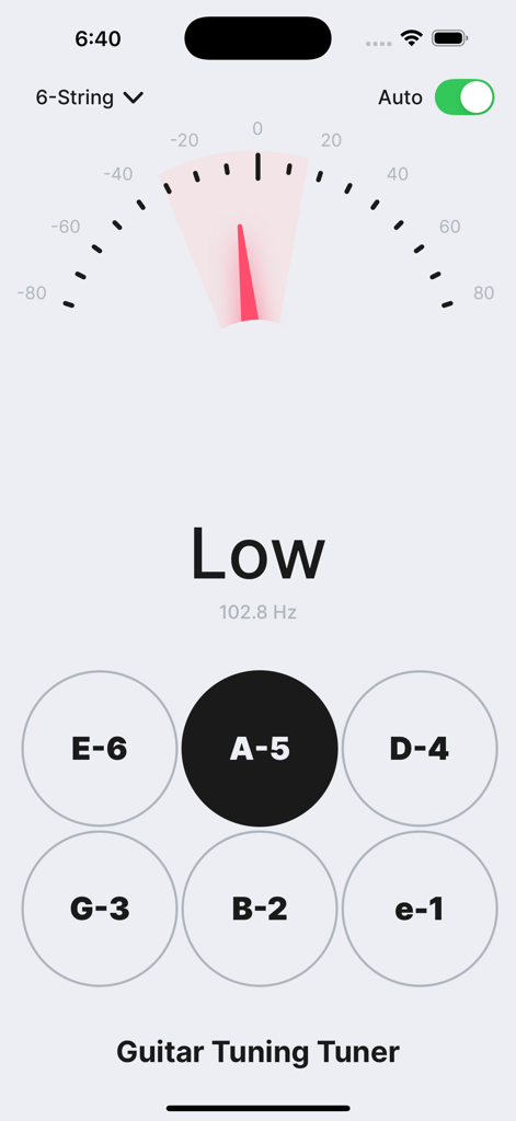 Guitar Tuning Tuner - Interface de l'application d'accordage de guitare montrant une aiguille d'accordage et des boutons de sélection de cordes individuelles