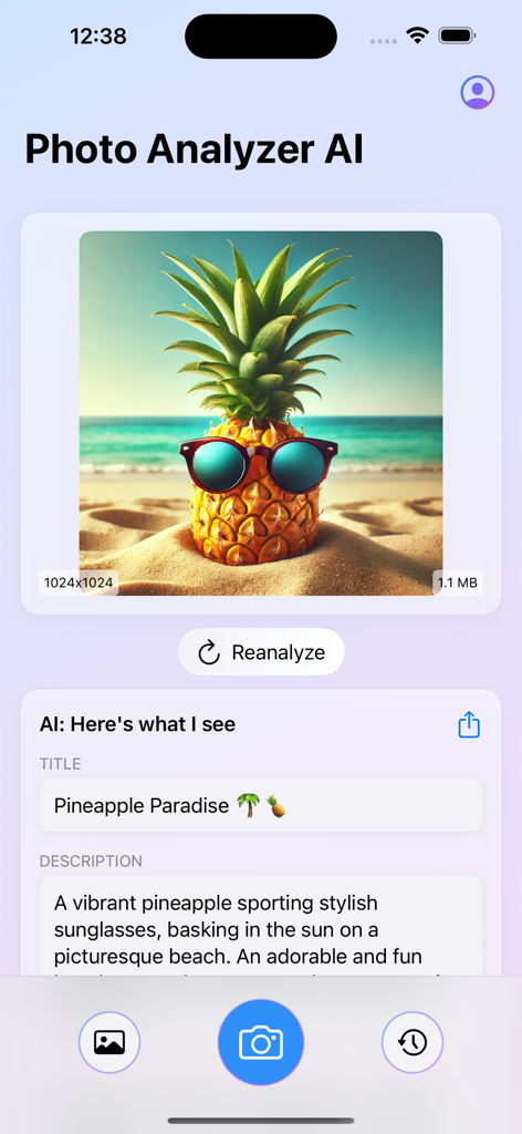 Interface of Photo Analyzer AI app showing an AI generated title and description for a photo of a pineapple on a beach