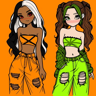 2 girls in crop tops and baggy jeans ripped