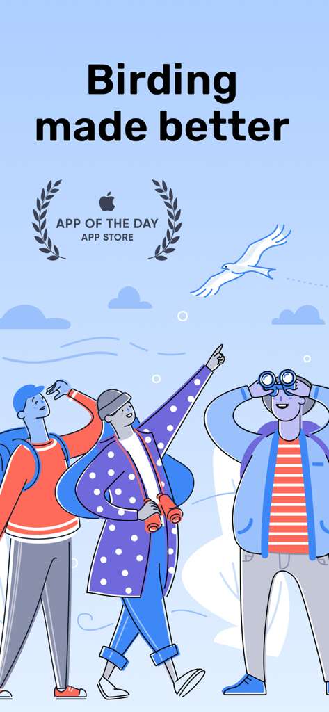Illustrazione di persone che osservano uccelli con il testo Birding made better e il badge del premio App of the Day dell'App Store