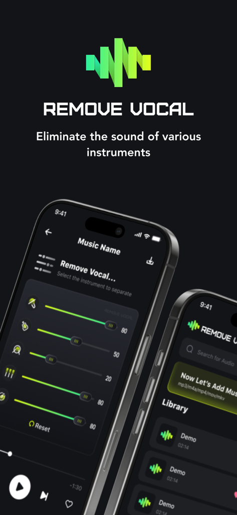 Music Splitter: Separate Audio - Interface do aplicativo Music Splitter mostrando controles deslizantes de remoção de vocais e separação de instrumentos