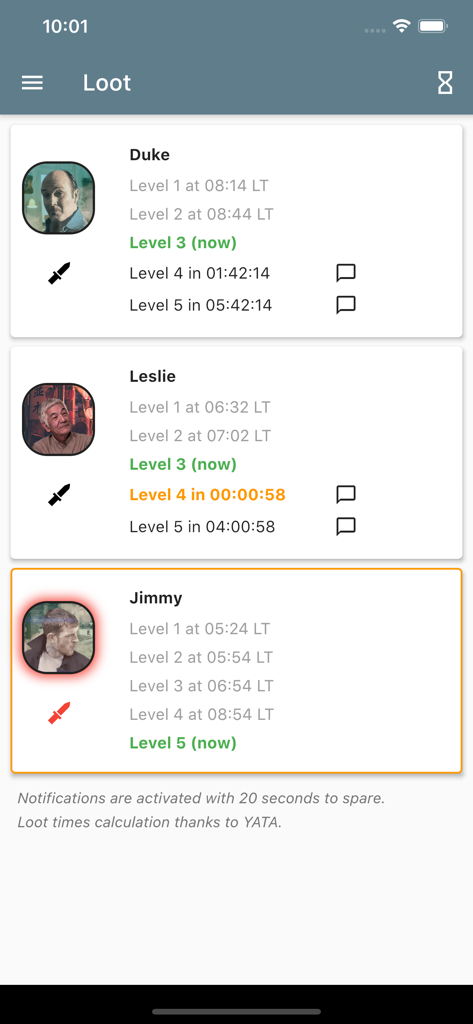Torn PDA - Torn PDA screen showing NPC loot levels and arrival timers.