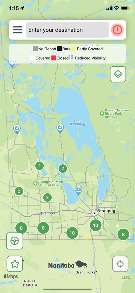 Screenshot of the 511 Manitoba app showing a map with road conditions, traffic camera icons, and a destination search bar.