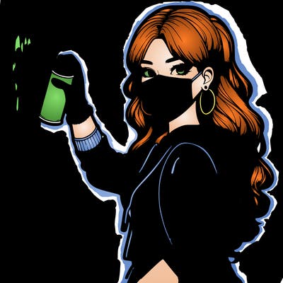 realistic girl with mask spray painting a wall