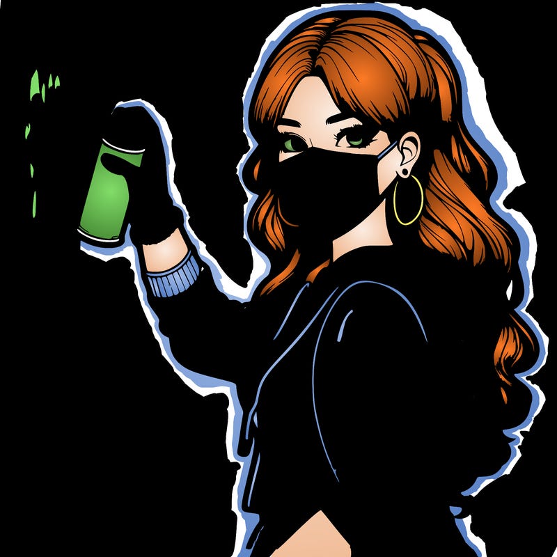 realistic girl with mask spray painting a wall