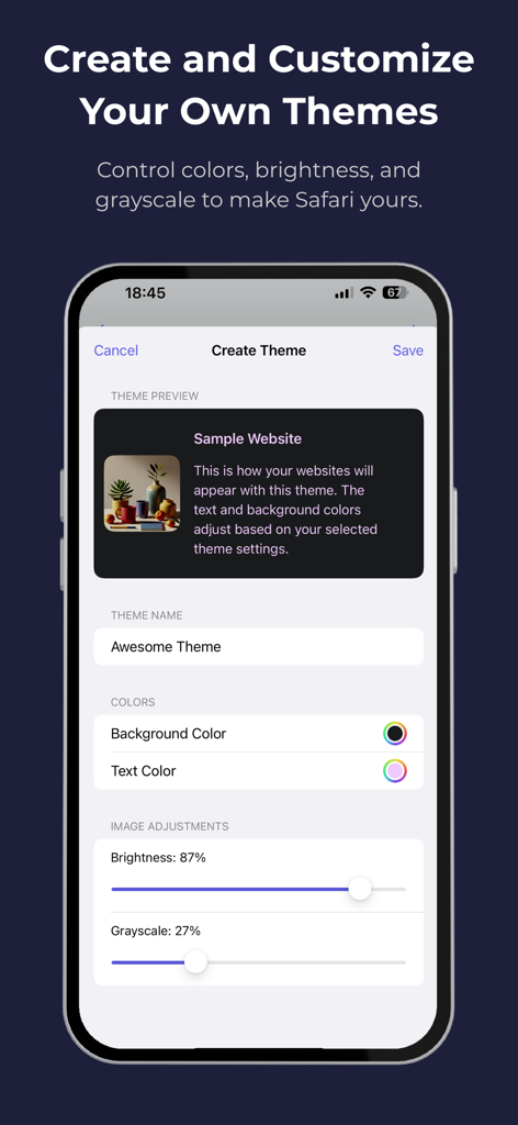 Shade: Dark Mode for Safari - User interface for creating and customizing dark mode themes in the Shade Safari extension showing color and brightness controls.