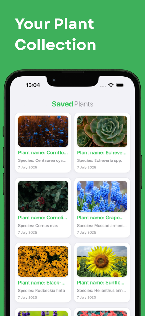 Plant Identifier & Flower Id - Pantalla de la aplicación móvil mostrando una colección personal de plantas guardadas con fotos y nombres