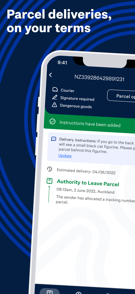 A mobile screen from the NZ Post app showing a tracking number and specific delivery instructions for a courier.