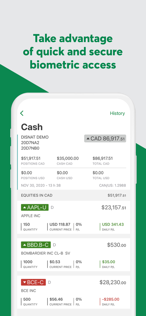 Interfaccia dell'app Disnat che mostra un portafoglio azionario con allocazione degli asset in CAD e USD e performance dei singoli titoli.