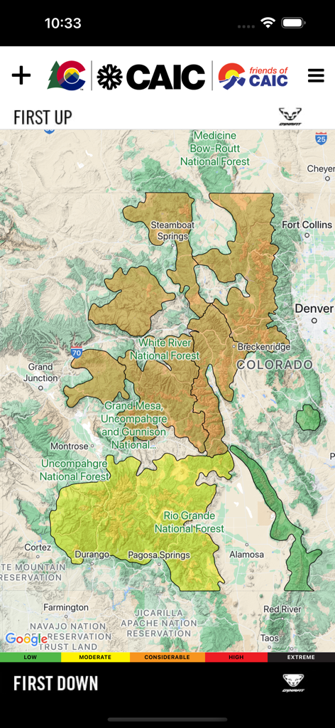 CAIC mobile app showing a color-coded avalanche risk forecast map for Colorado mountain regions