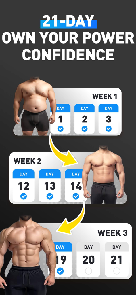 A 21-day male body transformation chart showing muscle building progress from week 1 to week 3.
