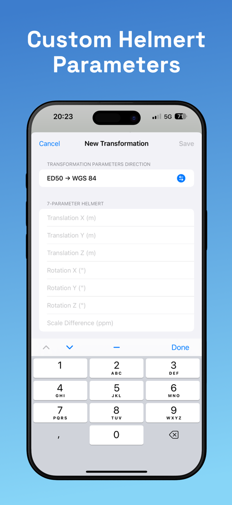 CoordCap: Capture & Convert - Interface for entering custom 7-parameter Helmert coordinate transformation values in CoordCap