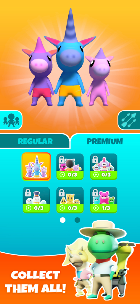 Arrow Fest - Arrow Fest mobile game character selection screen showing various unlockable regular and premium skins