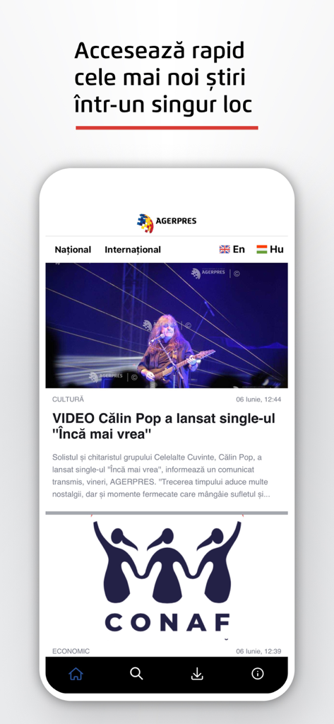 AGERPRES - AGERPRES news app interface showing a feed of national and international articles on a mobile device