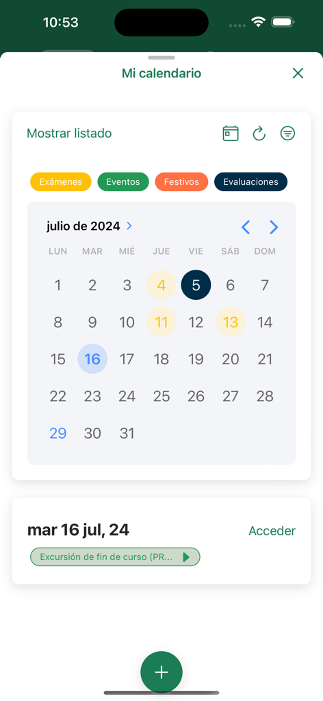 Esemtia Aula - Pantalla del calendario escolar de la aplicación móvil Esemtia Aula que muestra eventos y fechas de exámenes para julio de 2024.