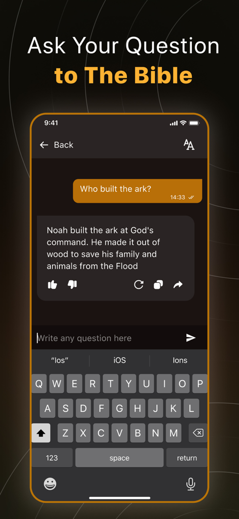 Screenshot of the Bible Chat AI app showing a user asking who built the ark and receiving an instant answer from the AI assistant.