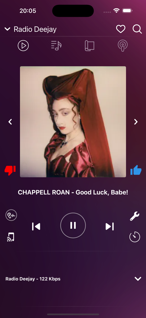 Schermata ora in riproduzione dell'app My Radio Online Italia con Radio Deejay