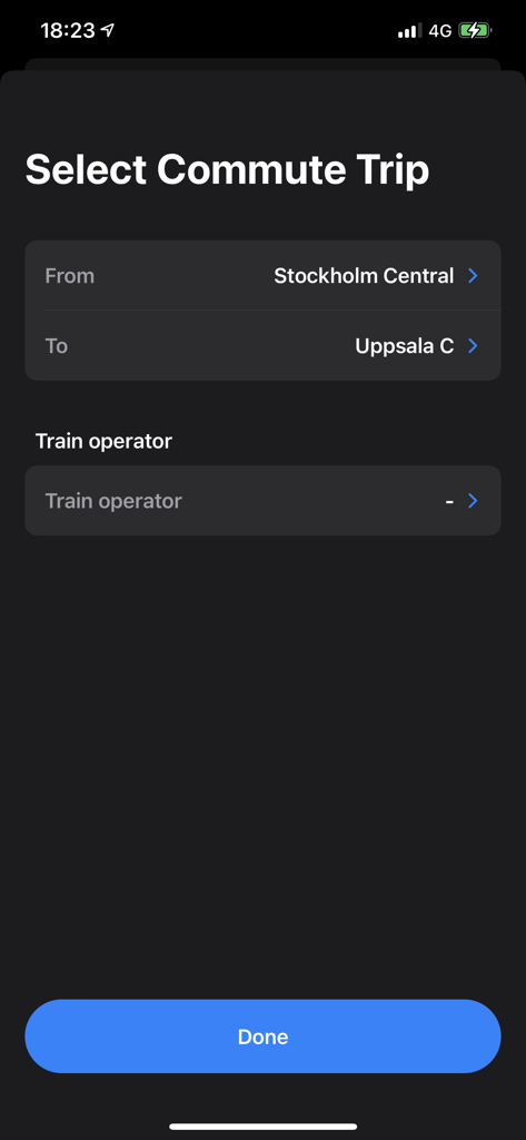Pendlaアプリでストックホルム中央駅からウプサラCへの電車の通勤旅行を選択するためのインターフェース