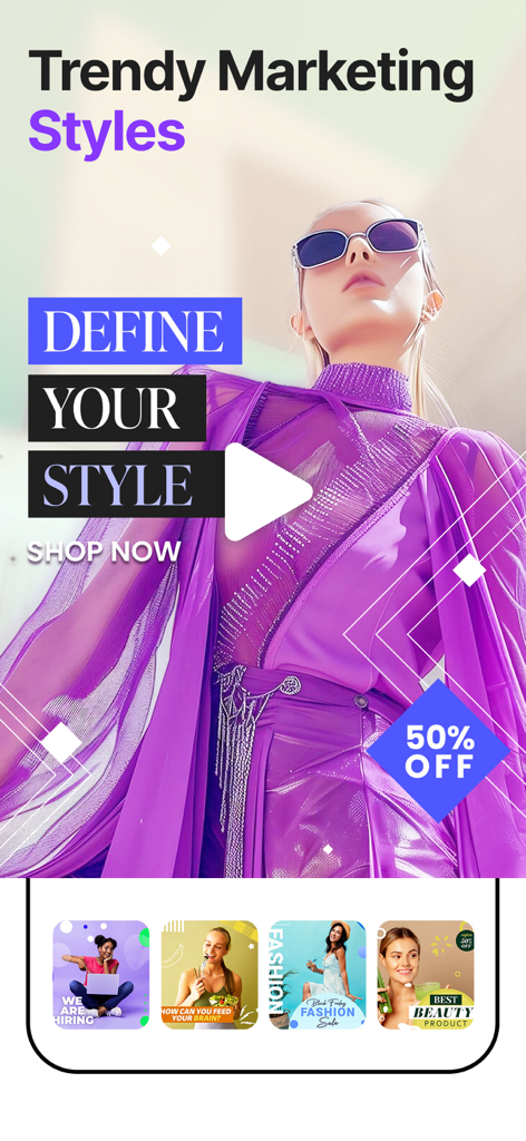 SpeedPro app interface displaying trendy video marketing styles and fashion templates