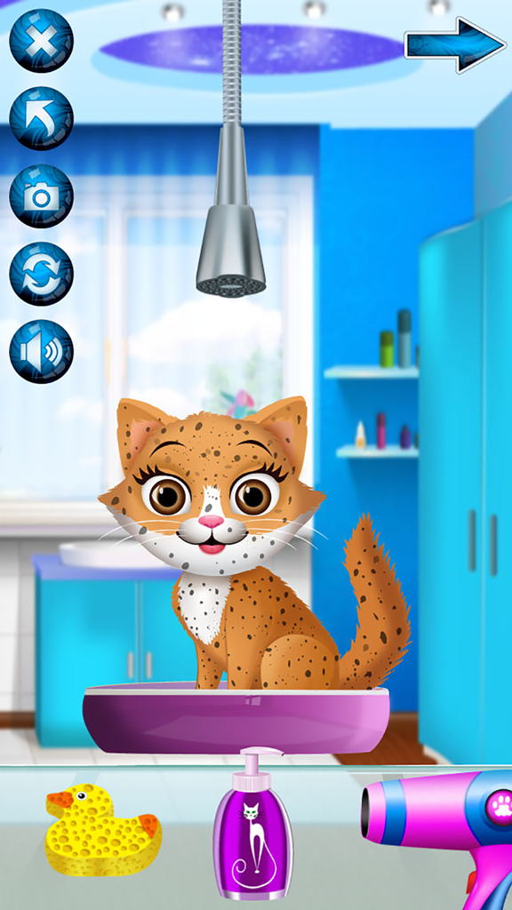 Kitten Spa - Animal Makeover Games (Boys & Girls) - A cute spotted kitten getting ready for a bath in a pet spa game