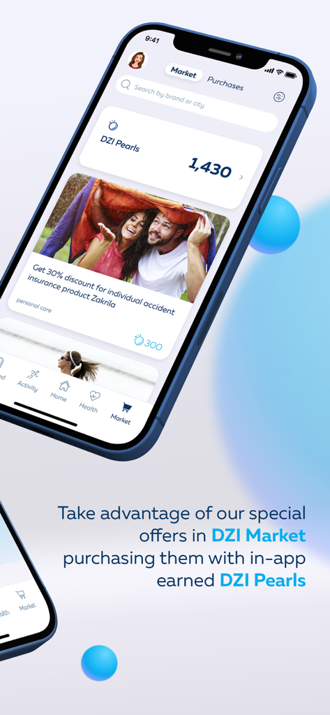 Kaksi - Kaksi app market screen showing available rewards and DZI Pearls balance