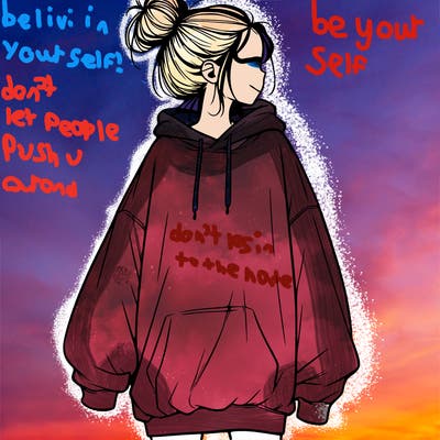 realistic girl with a oversized sweatshirt on and a bun