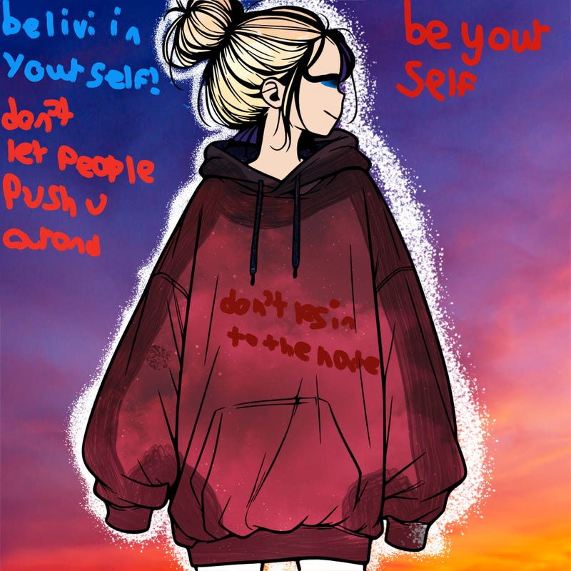 realistic girl with a oversized sweatshirt on and a bun