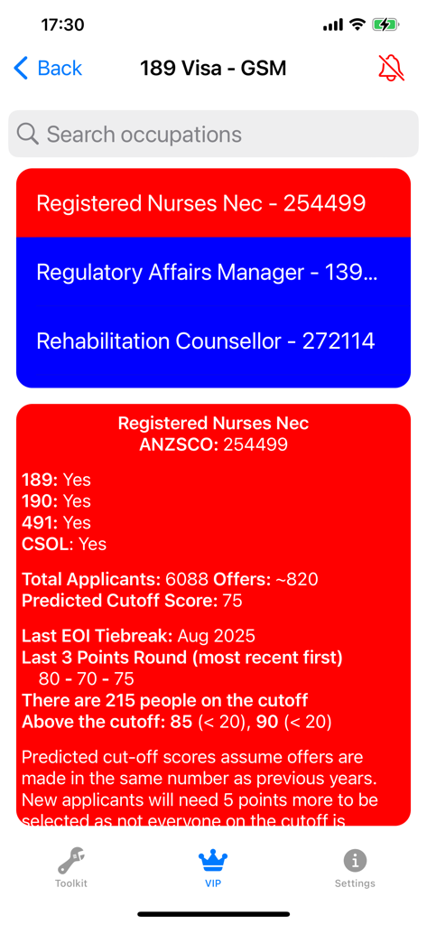 Aussie Visa Mate mobile app displaying 189 visa points cutoff scores and applicant statistics for registered nurses.
