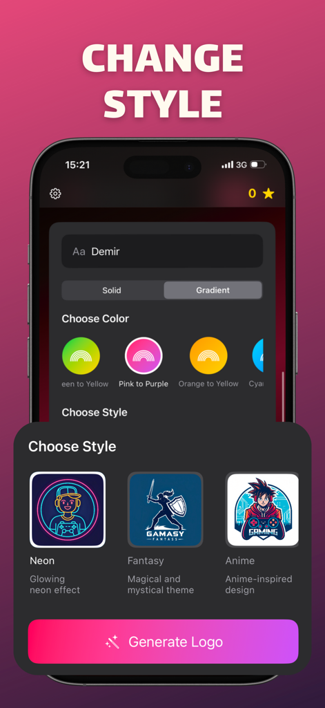 Esport: Gaming Logo Maker - Esports gaming logo maker app interface showing style selection options like Neon Fantasy and Anime