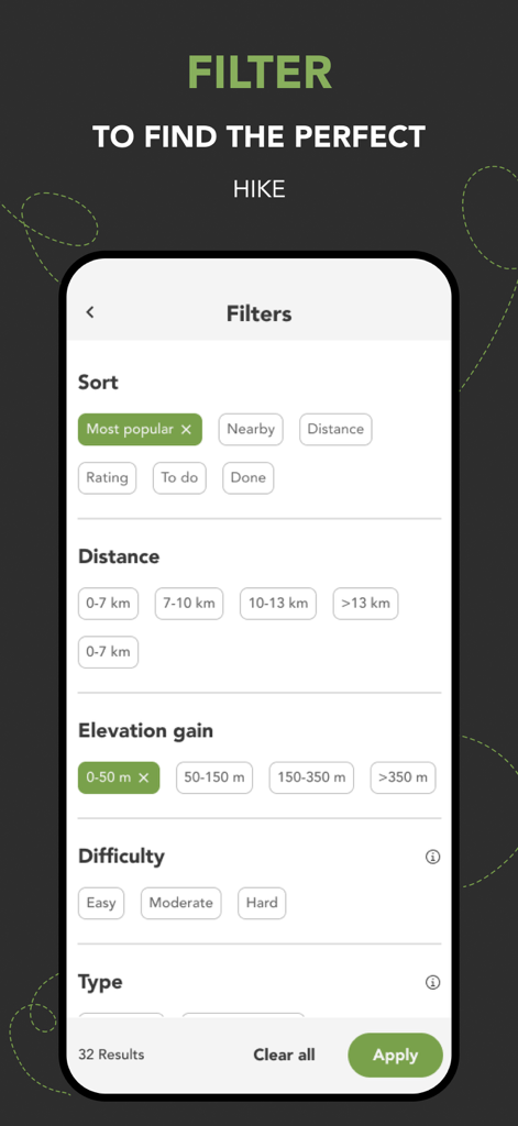 WalkMe | Walking in Madeira - Mobile app screen showing search filters for hiking trails in Madeira by distance elevation and difficulty