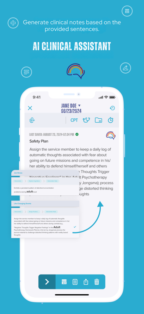 Mimo AI Clinical Notes - Oberfläche des Mimo AI Clinical Assistant, die die Erstellung eines Sicherheitsplans für einen Patienten auf einem Smartphone zeigt