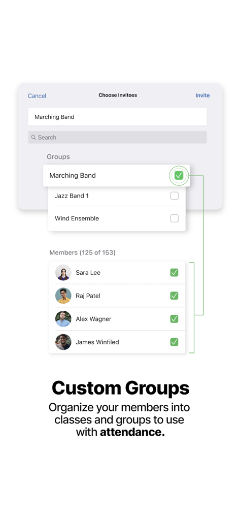 UDBapp Pro - Custom group organization and attendance tracking interface in UDBapp Pro