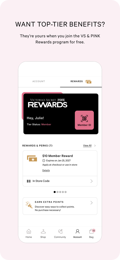 Dashboard digitale dei premi nell'app Victoria's Secret PINK che mostra lo stato dell'iscrizione e i premi disponibili