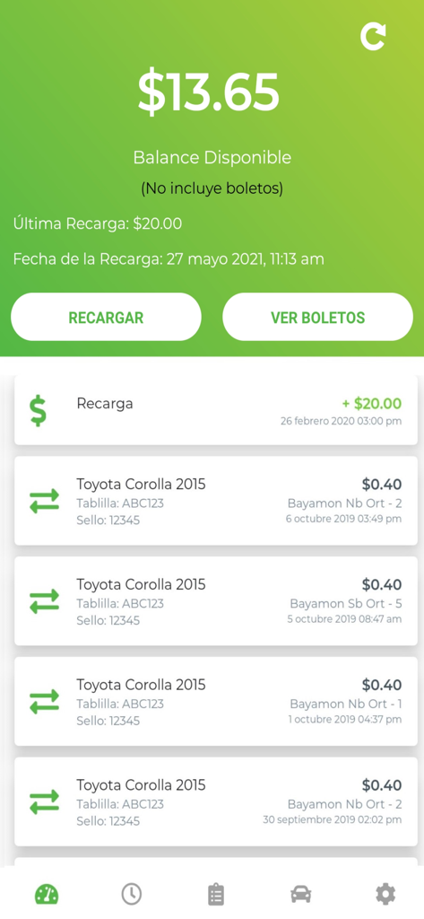 Dashboard of the AutoExpreso Movil app showing an available balance of thirteen dollars and sixty-five cents and a list of recent toll transactions for a Toyota Corolla