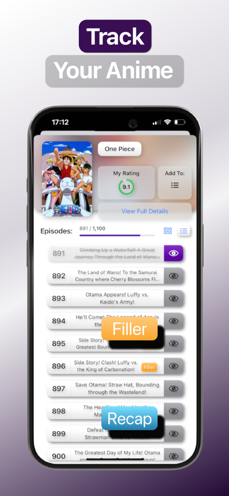 Anime Tracker: Anime List - Otracku app interface showing anime episode tracking with filler and recap labels