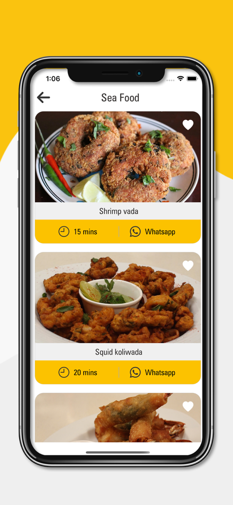 Easy Kitchen Recipes - Easy Kitchen Recipes app showing seafood dishes like Shrimp vada and Squid koliwada with preparation times and WhatsApp sharing buttons.