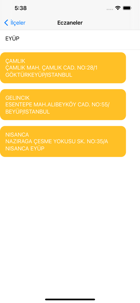 Screenshot of the IU-Cerrahpasa mobile app showing a list of pharmacies in the Eyup district.
