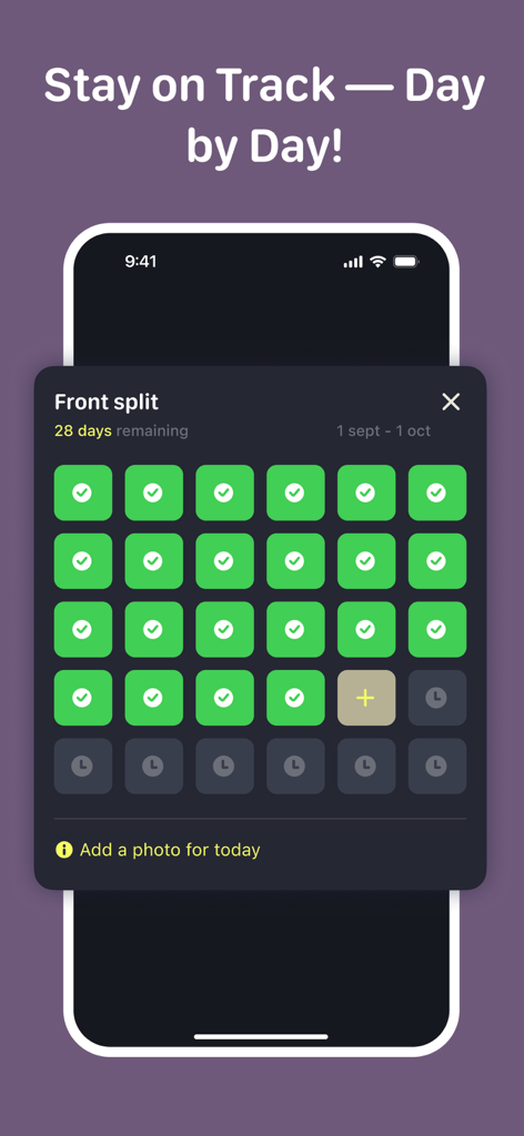 Un rastreador de progreso de 30 días para el desafío de splits frontales con los días completados marcados con marcas de verificación verdes.