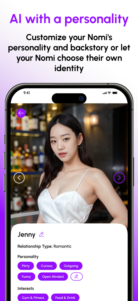 Nomi: AI Companion with a Soul - Interface for customizing an AI companion's personality, backstory, and interests.